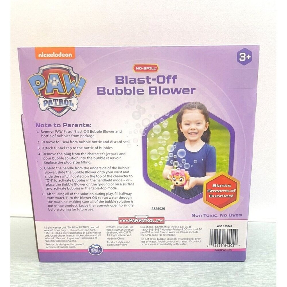 Paw Patrol Blast Off Bubble Blower Skye Nickelodeon Ages 3+ No-Spill - Picture 11 of 11